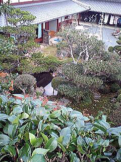 生垣から見た池のある庭